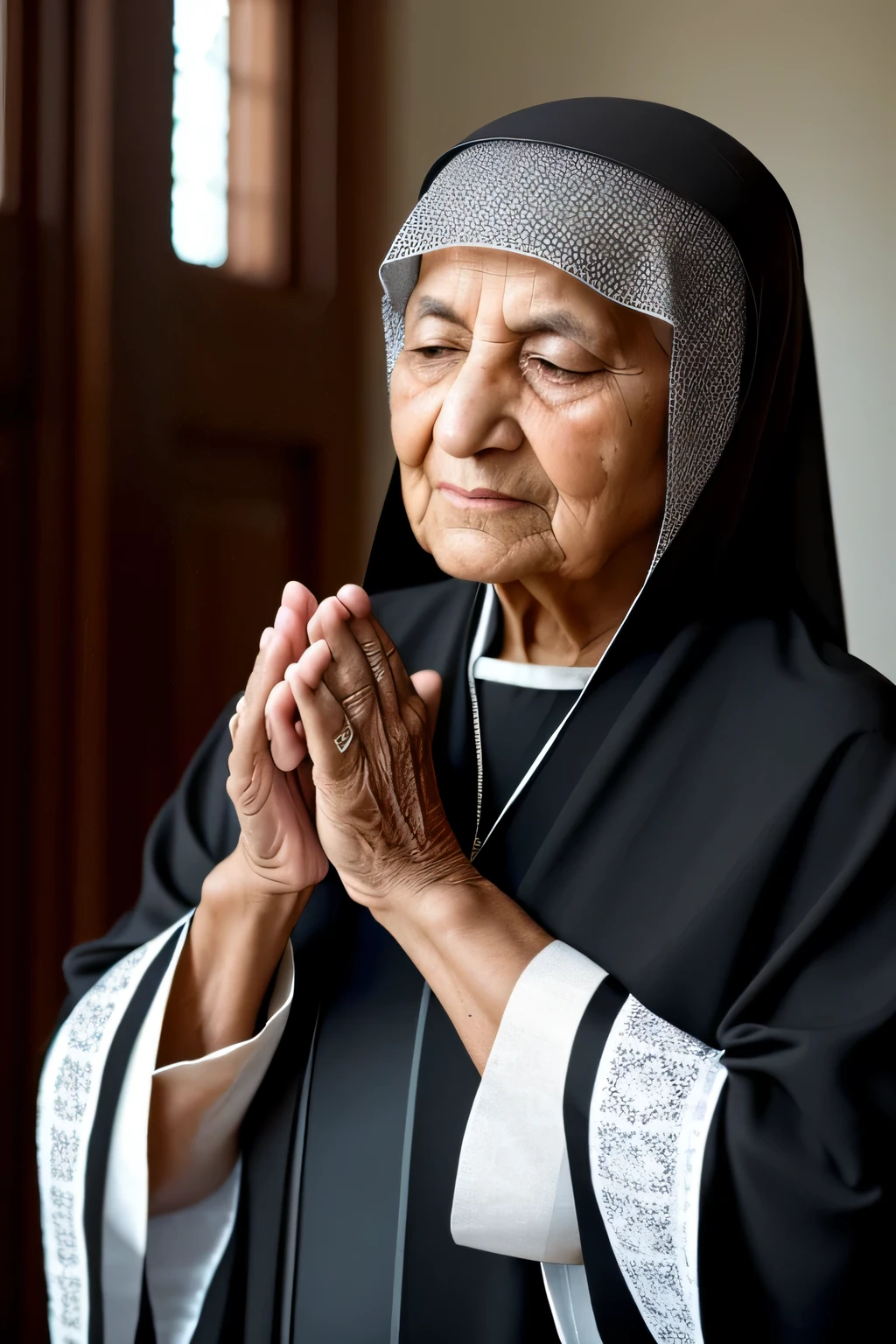 A wise and weathered nun with deep-set wrinkles, ((envejecida)), aged and experienced, silver hair peeking out from under her habit, cabello plateado, Head held high, eyes filled with wisdom, mirada sabia, wrinkles telling stories of a life well-lived. Dressed in traditional black and white attire, dressed in a black and white habit, her hands clasped in prayer, wrinkled hands clasped in prayer. A serene and peaceful expression on her face, Serene and calm expression, radiating kindness and compassion. The image captures her in a moment of contemplation, The image shows her in a moment of reflection, surrounded by the serenity of the