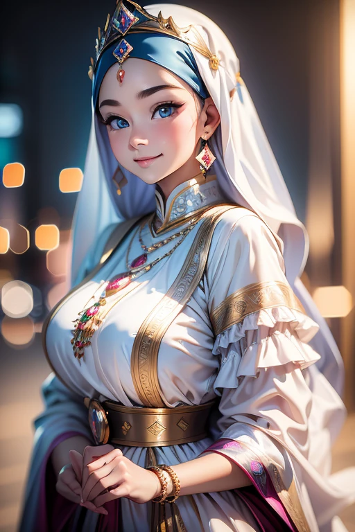 Hyper realistic, Beautiful, cute baby Face, 15 Years old russian lolita Girl, blue eyes, wearing hijab, tiara, Rounded Breast,slightly Chubby , luxury earrings, luxury necklace, White Skin, Smiling, Dark City Background, mid shot, upper body, Perfect Potrait, Bokeh Effect, Look at Viewer, Perfect Eye, Perfect Hand, Perfect Finger, Bracelet, Ring, (breastssize:1.2), ((adorable:1.2)), ((masterpiece:1.1)), ((bokeh:1.2)),