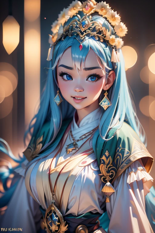 Hyper realistic, Beautiful, cute baby Face,  russian lolita Girl, blue eyes, wearing hijab, tiara, Rounded Breast,slightly Chubby , luxury earrings, luxury necklace, White Skin, Smiling, Dark City Background, mid shot, upper body, Perfect Potrait, Bokeh Effect, Look at Viewer, Perfect Eye, Perfect Hand, Perfect Finger, Bracelet, Ring, (breastssize:1.2), ((adorable:1.2)), ((masterpiece:1.1)), ((bokeh:1.2)),