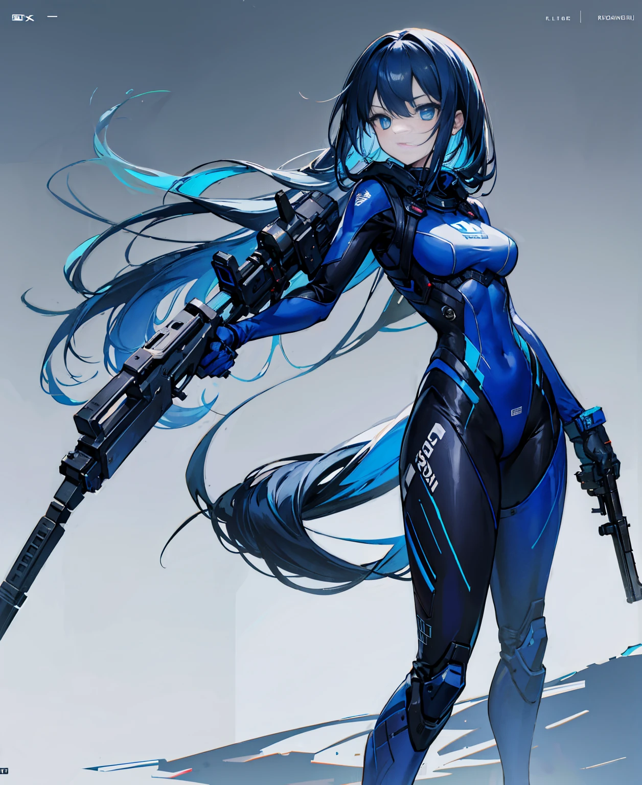 no background，girl，carry a firearm，Enamel-like tight suit，use of firearms，dark blue long hair，attention arousal，blue colored eyes,no gradation