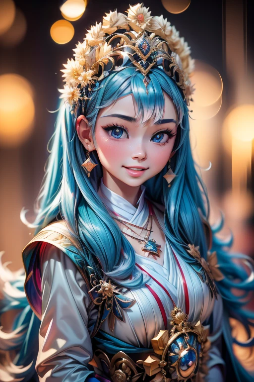 Hyper realistic, Beautiful, cute baby Face,  russian lolita Girl, blue eyes, wearing hijab, tiara, Rounded Breast,slightly Chubby , luxury earrings, luxury necklace, White Skin, Smiling, Dark City Background, mid shot, upper body, Perfect Potrait, Bokeh Effect, Look at Viewer, Perfect Eye, Perfect Hand, Perfect Finger, Bracelet, Ring, (breastssize:1.2), ((adorable:1.2)), ((masterpiece:1.1)), ((bokeh:1.2)),