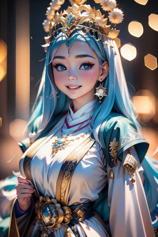 Hyper realistic, Beautiful, cute baby Face,  russian lolita Girl, blue eyes, wearing hijab, tiara, Rounded Breast,slightly Chubby , luxury earrings, luxury necklace, White Skin, Smiling, Dark City Background, mid shot, upper body, Perfect Potrait, Bokeh Effect, Look at Viewer, Perfect Eye, Perfect Hand, Perfect Finger, Bracelet, Ring, (breastssize:1.2), ((adorable:1.2)), ((masterpiece:1.1)), ((bokeh:1.2)),