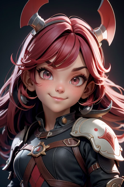 Linda cabeça feminina Viking, Cabelo vermelho, fantasia de guerreiro viking, no globo de neve, sorriso suave, Retrato fofo de corpo inteiro, figura esbelta em pé, Personagem de desenho animado, personagem da Pixar, medieval, Renderização 3D, iluminação simática, rastreamento de raios. vermelho nítido, luz radiante, floresta misteriosa, (A melhor qualidade, 8k, alta resolução, Obra-prima:1.2), caprichoso.