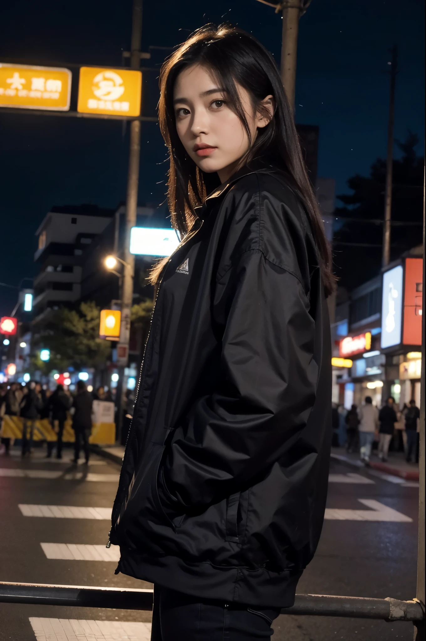 1 girl, tokyo street,evening, urban landscape,city Lights, Upper part of the body,close up, 8k, raw photo, Best Quality, masterpiece,realist, photo-realist,
