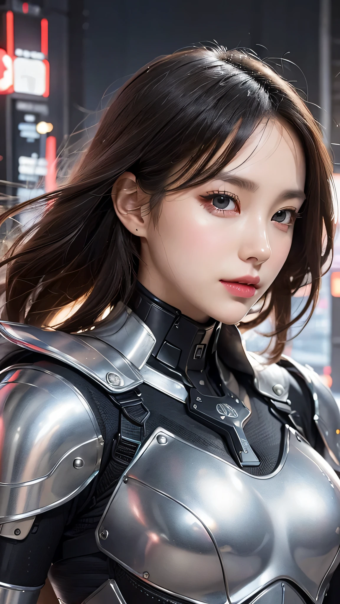 highest quality ,masterpiece, figure, very delicate and beautiful, very detailed ,cg ,unity ,8k wallpaper, wonderful, finely, masterpiece,highest quality,official art,very detailed cg unity 8k wallpaper,disorganized, incredibly disorganized, Super detailed, High resolution, very detailed,beautiful detailed girl,light shines on your face, 1 girl, Mecha, armor, Mechanical_body, black hair,  spaceship, city, cyber punk, star_null,  