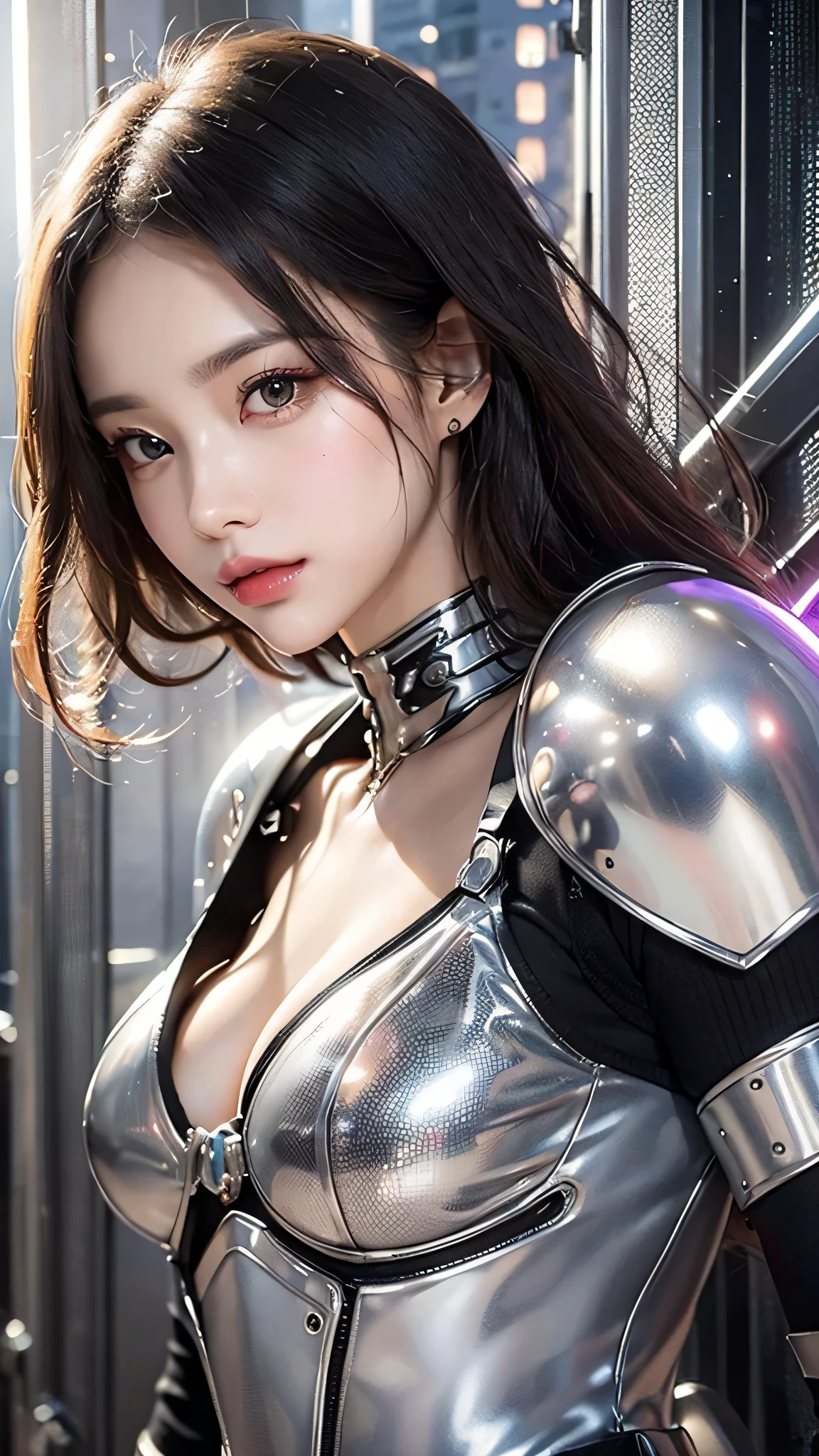 highest quality ,masterpiece, figure, very delicate and beautiful, very detailed ,cg ,unity ,8k wallpaper, wonderful, finely, masterpiece,highest quality,official art,very detailed cg unity 8k wallpaper,disorganized, incredibly disorganized, Super detailed, High resolution, very detailed,beautiful detailed girl,light shines on your face, 1 girl, Mecha, armor, Mechanical_body, black hair,  spaceship, city, cyber punk, star_null,  