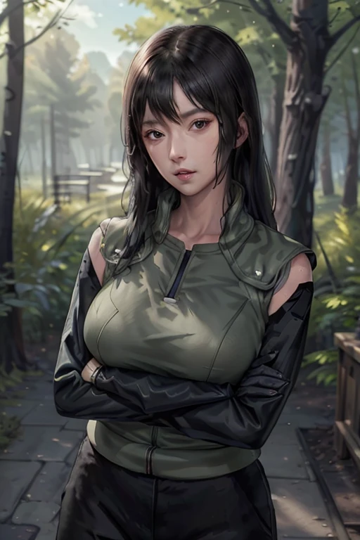 masterpiece, best quality, shizune, vest, long sleeves, pants, looking at viewer, forest, serious, cowboy shot, crossed arms, 1girl ,realistic , (long hair:1.1), (fake huge breast:1.2), (Big Breast W  Cup)