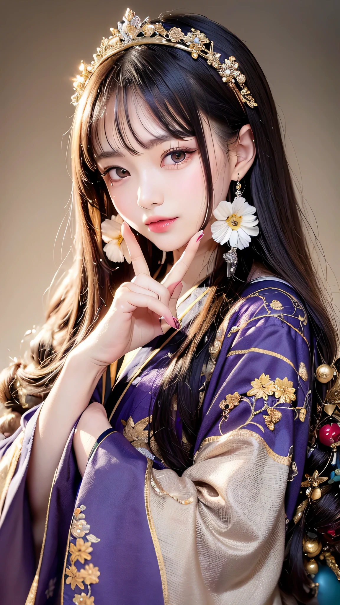 bright purple taoist robe, hanfu long skirt, Big eyes, The absolute beauty of a masterpiece, 1 female, close. close, healing smile, snow scene, 4K quality, twisted braids, princess hair style princess cut, simple hair accessories, Plum blossom, Once people see that beauty, they can&#39;t forget it.