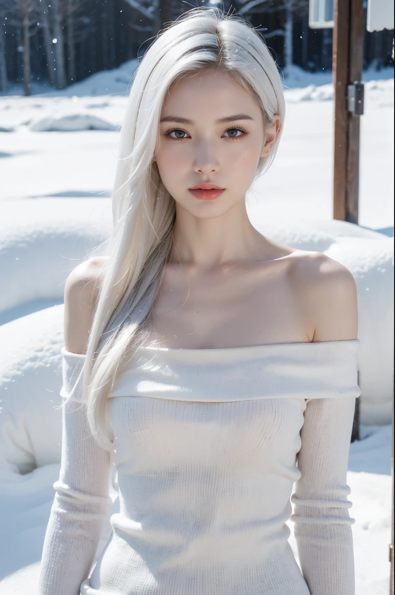 (realistic), (hyperrealism),best quality, masterpiece,ultra high res, (photorealistic:1.4),1girl,pale skin,skinny,(looking at viewer),bare shoulder, (white hair,) snowing outdoor, looking at viewer,
upper body,