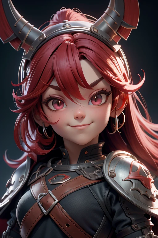 Hermosa cabeza femenina vikinga, pelo rojo, disfraz de guerrera vikinga, en globo de nieve, sonrisa suave, Lindo retrato de cuerpo entero, figura esbelta de pie, Personaje de dibujos animados, personaje de pixar, medieval, Renderizado 3D, iluminación simática, Trazado de rayos. Rojo crujiente, luz radiante, bosque misteriosa, (la mejor calidad, 8k, alta resolución, obra maestra:1.2), caprichoso.