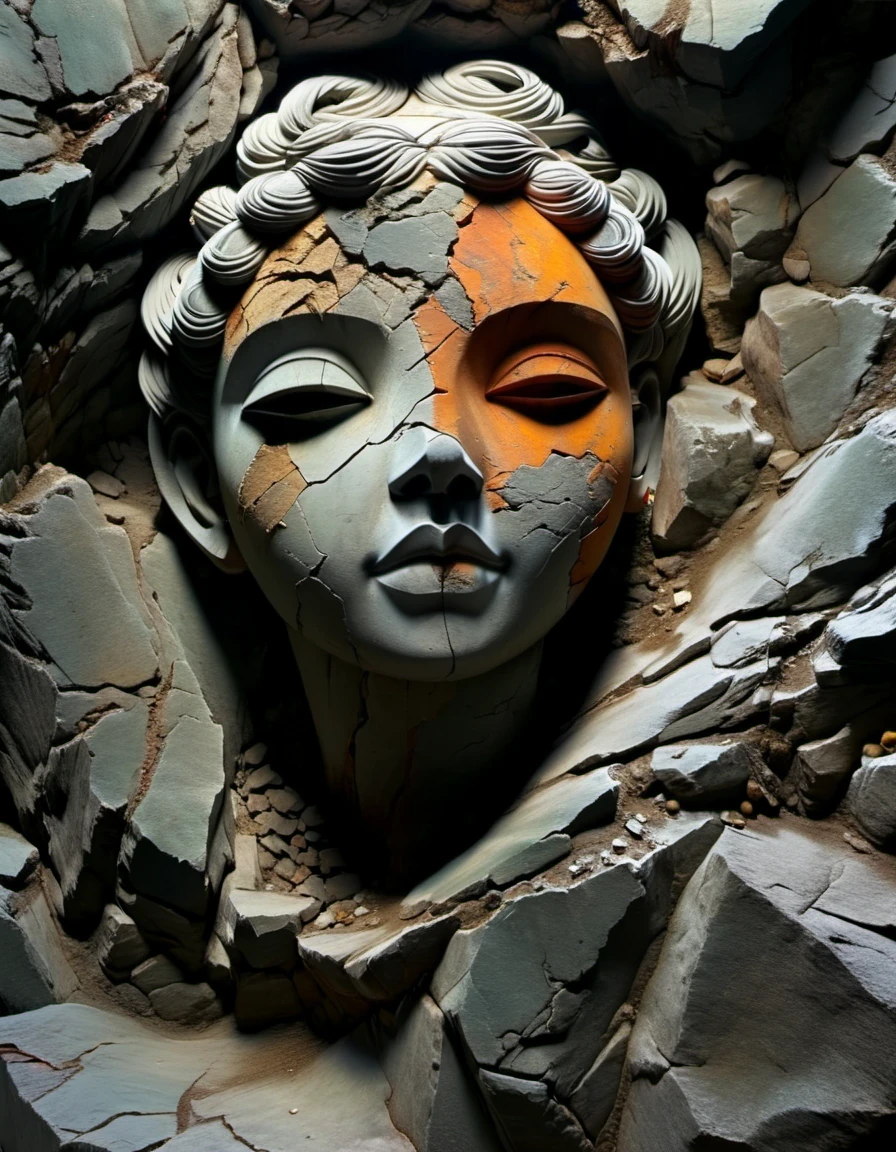 en estilo de obra de arte de terracota ,  Una talla de piedra de la cabeza de una niña, rima antigua en cuatro colores (negro, naranja, marrón y gris), moteado y liso, áspero por fuera y fino por dentro, sucio y limpio por dentro, tallado en el interior, roca dañada, en mal estado, irregular, piedra empalmada, fondo de roca, estatua de roca, por Li Mei-shu, hermosa representación, misteriosa estatua de cerámica, retrato centrado,,pintura mate,arte roquero,Conjunto ,figurilla,Tallado en piedra dura,marioneta,escultura,Motor irreal,renderizado de octanaje,renderizado en octanaje,De cerca(CU),primer plano medio,Pintado a mano