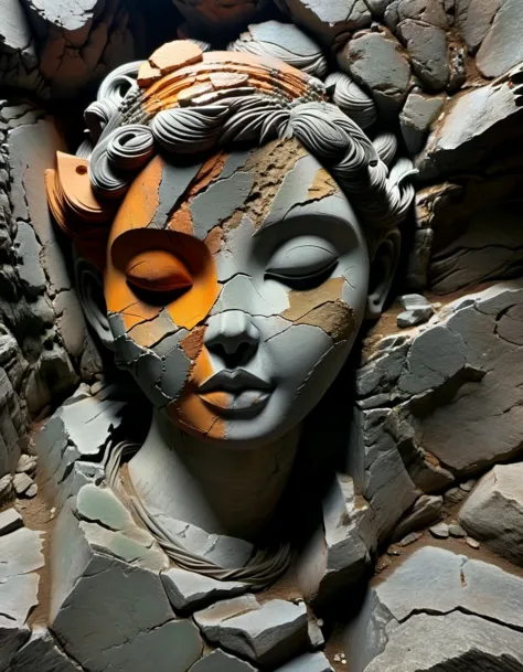 in style of terracotta artwork ,  a stone carving of a girl's head, ancient rhyme in four colors (black, orange, brown and gray)...