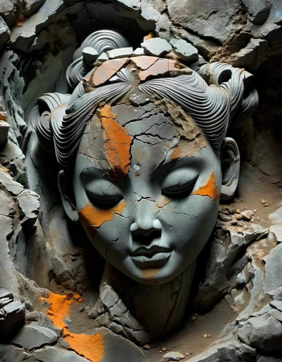 in style of Minimalist , portrait，digital art of A stone carving of a Chinese girl's head, ancient rhyme in four colors (black, orange, brown and gray), mottled and plain, rough outside and fine inside, dirty and clean inside, carved inside, damaged rock, shabby, irregular, spliced stone, rock background, rock statue, by Li Mei-shu, beautiful depiction, mysterious ceramic statue, centered portrait,,Matte Painting,Rock Art,Assemblage ,Figurine,Hardstone Carving,Puppet,Sculpture,Unreal engine,octane render,rendered in octane,Close-Up(CU),medium close up,Hand Painted