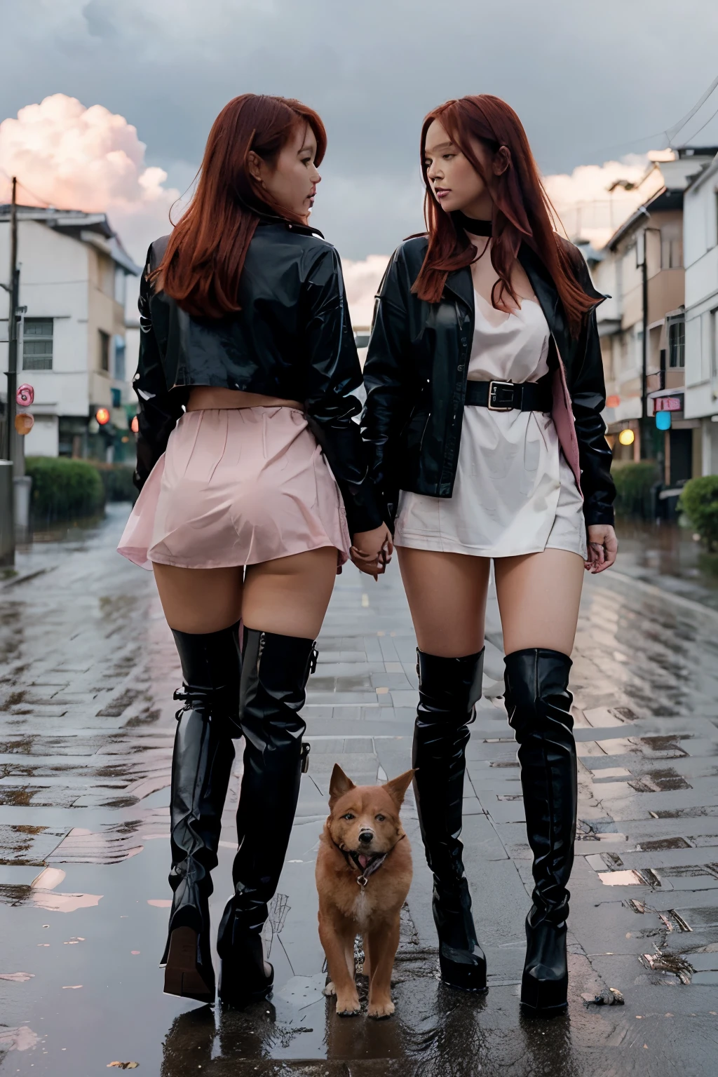Zwei sexy rothaarige nackte japanische Mädchen erkunden eine Welt nur für Mädchen und sind nur mit schwarzen Overknee-Stiefeln und einem Hundehalsband bekleidet. Regen. rosa Wolken. Rote Straßen. weiße Gebäude.