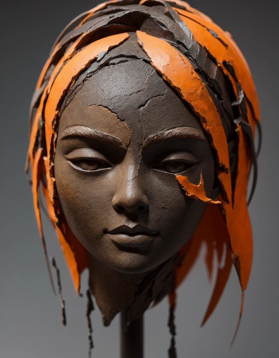 art numérique d&#39;une sculpture sur pierre représentant la tête d&#39;une jeune fille chinoise, rime ancienne en quatre couleurs (noir, orange, marron et gris), marbré et uni, rude à l&#39;extérieur et bien à l&#39;intérieur, sale et propre à l&#39;intérieur, sculpté à l&#39;intérieur, roche endommagée, minable, irrégulier, pierre épissée, Fond rocheux, statue rocheuse, par Li Mei-shu, belle représentation, mystérieuse statue en céramique, portrait centré,,Peinture mate,Art rupestre,Assemblage ,figurine,Sculpture sur pierre dure,fantoche,Sculpture,Moteur irréel,rendu d&#39;octane,rendu en octane,Fermer(AVEC),moyen, gros plan,