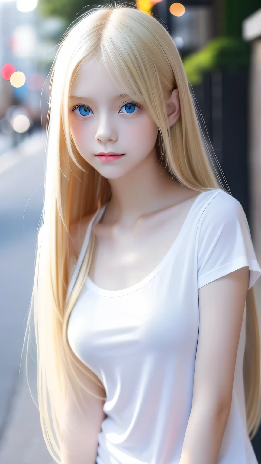 super long straight hair、Blonde girl posing in a white top、Real life girls、16 year old girl、Beautiful platinum blonde girl、big blue eyes