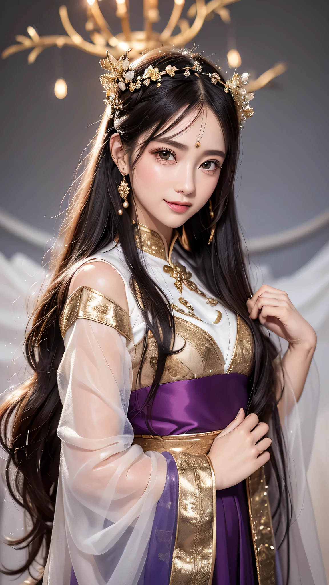 bright purple taoist robe, hanfu long skirt, Big eyes, The absolute beauty of a masterpiece, 1 female, close. close, healing smile, snow scene, 4K quality, twisted braids, princess hair style princess cut, simple hair accessories, Plum blossom, Once people see that beauty, they can&#39;t forget it.