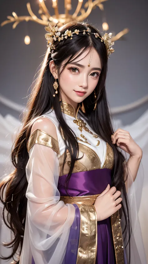 bright purple taoist robe, hanfu long skirt, Big eyes, The absolute beauty of a masterpiece, 1 female, close. close, healing smi...