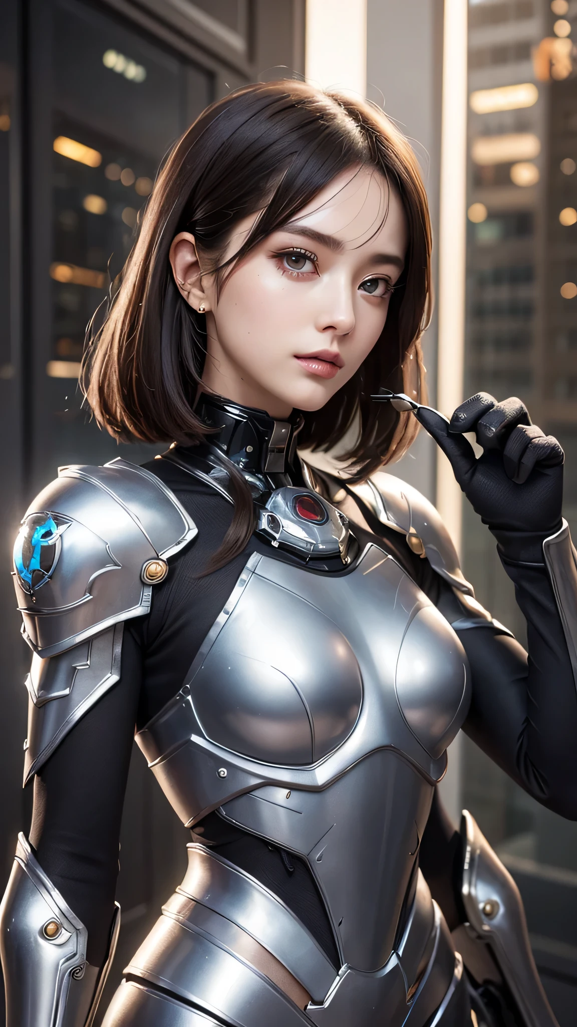 highest quality ,masterpiece, figure, very delicate and beautiful, very detailed ,cg ,unity ,8k wallpaper, wonderful, finely, masterpiece,highest quality,official art,very detailed cg unity 8k wallpaper,disorganized, incredibly disorganized, Super detailed, High resolution, very detailed,beautiful detailed girl,light shines on your face, 1 girl, Mecha, armor, Mechanical_body, black hair, spaceship, city, cyber punk, star_null,