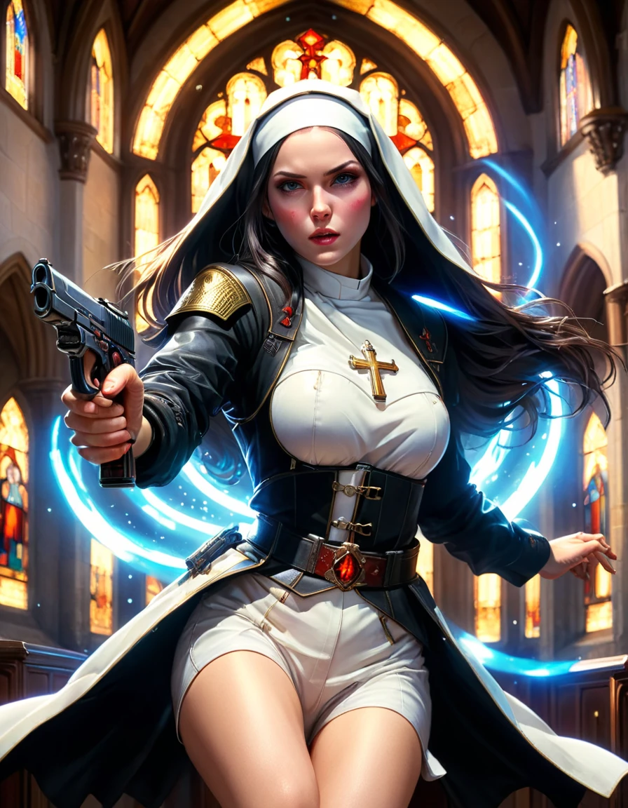 (nun in beautiful church:1.6)，Point your Desert Eagle pistol at you with both hands，Fantasy fairy tale background，fear，bloody，Ultra HD animation，Beautiful animation，Neon lights，(Liquid light background)，(UHD, masterpiece, ccurate, anatomically correct, textured skin, super detail, high details, award winning, best quality, 8k)