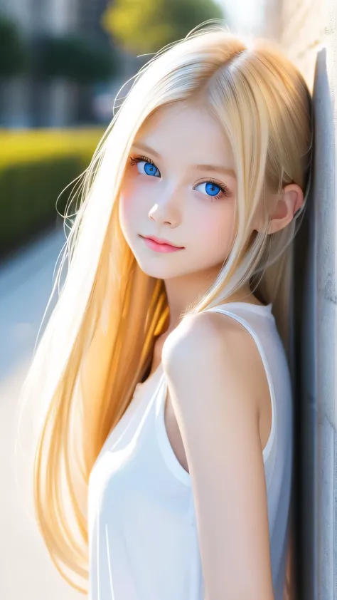 Super long straight hair、Beautiful blonde girl posing in a white top、Real Life Beautiful Girl、16-year-old blonde beautiful girl、A beautiful platinum blonde girl who shines beautifully、Very beautiful, bright, large light blue eyes、very big bright eyes