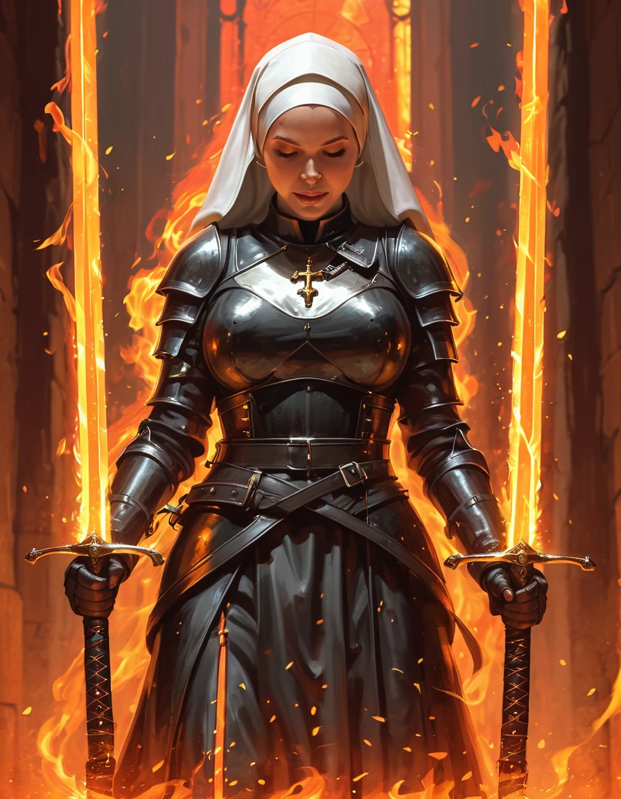 Abbildung einer kranken Nonne mit zwei Schwertern im Gummischlauch-Stil, ganzer Körper, kichern , Feuerkerker-Hintergrund. 