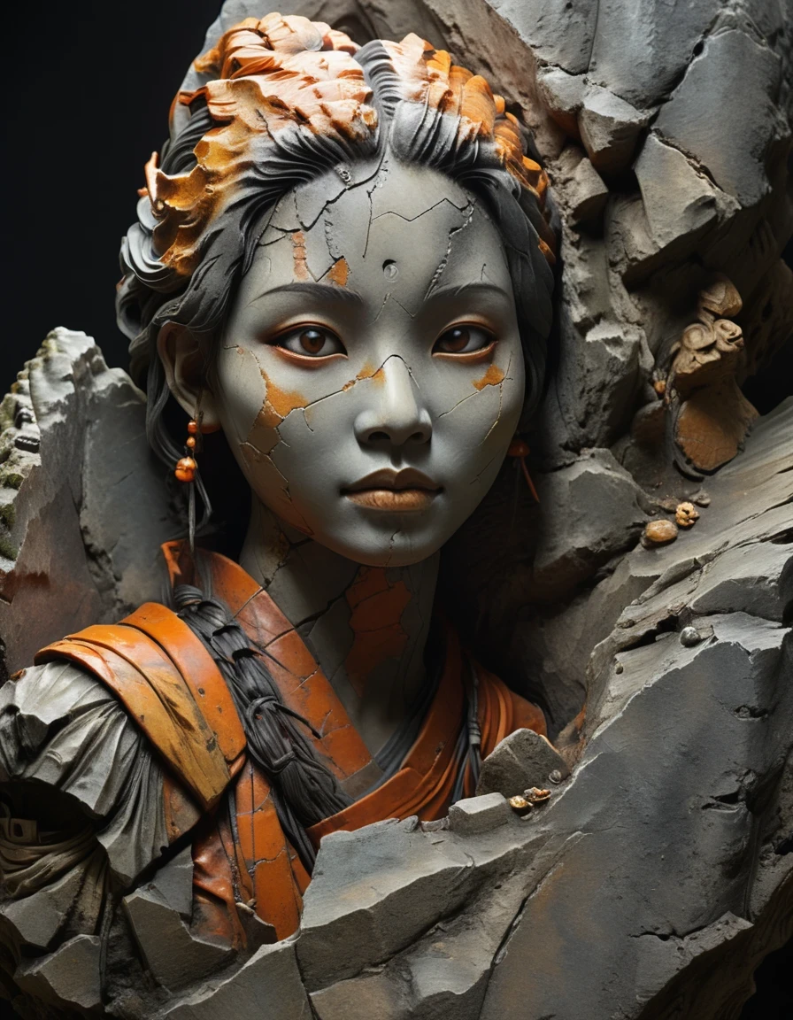 arte digital de uma escultura em pedra da cabeça de uma menina chinesa, rima antiga em quatro cores (preto, laranja, marrom e cinza), manchado e liso, áspero por fora e fino por dentro, sujo e limpo por dentro, esculpido dentro, rocha danificada, gasto, irregular, pedra emendada, fundo de rocha, estátua de pedra, por Li Mei-shu, bela representação, misteriosa estátua de cerâmica, retrato centrado,,pintura fosca,Arte do rock,Montagem ,estatueta,Escultura em Pedra Dura,fantoche,Escultura,motor irreal,renderização de octanagem,renderizado em octanagem,fechar-se(COM),close médio,