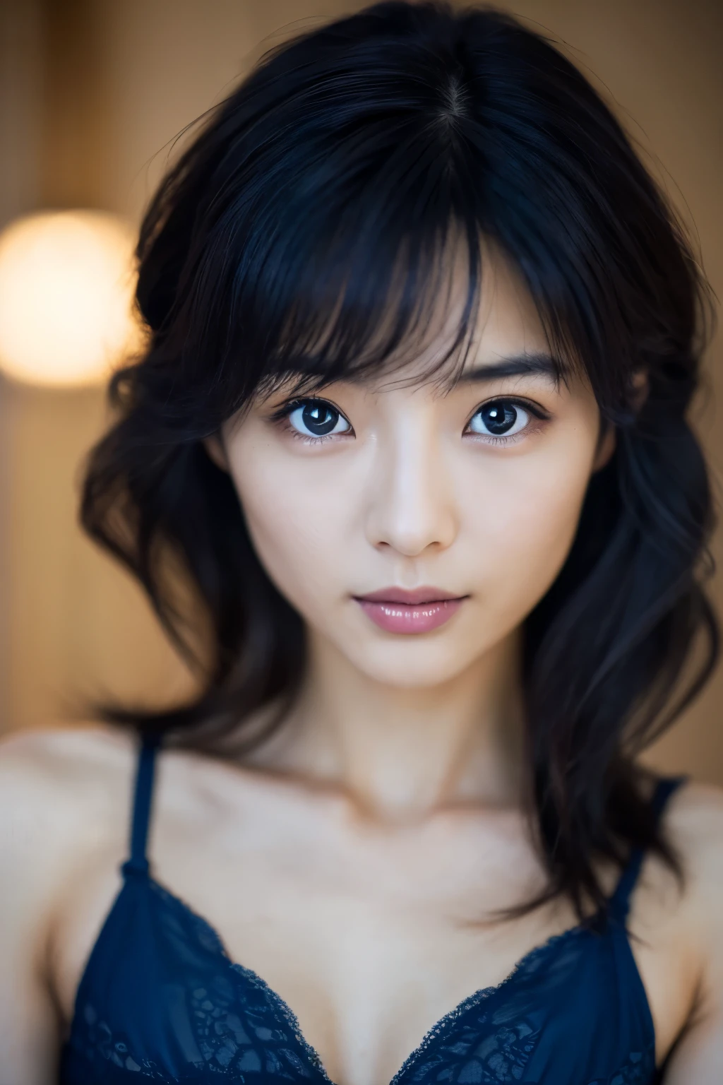 cinematic color, Skinny Japanese woman, 30 years old, cute face, detailed face, detailed eyes, (best quality, ultra-detailed), feminin lighting, messy hair, wearing dark blue lingeries, delicate features, dreamy atmosphere