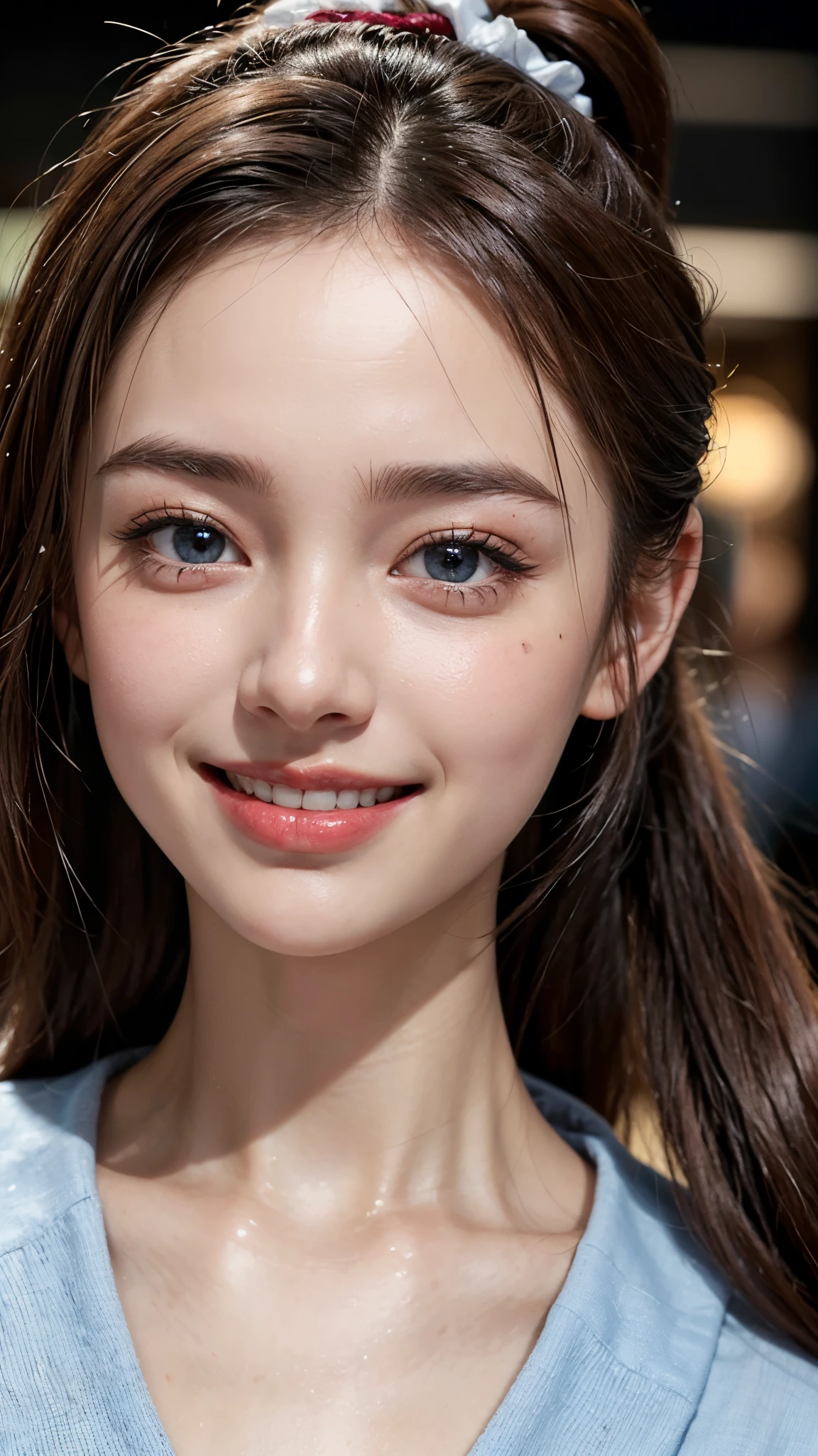 Cute 2,1 girl,slim face ,8K,Super realistic image quality,dynamic shadow,sparkling eyes,((clear black eyes)),((bright smile)),logic,clear pale blue eyes,movie theater lighting,((dark back alley)),((city lights)),night,Darkness of the city,suit, ((face close up:1.4)),((A smile showing white teeth)),((Open mouth and smile happily)),((Chestnut ponytail and scrunchie)),close, 8K, Raw photo, highest quality, masterpiece,realistic, photo-realistic,