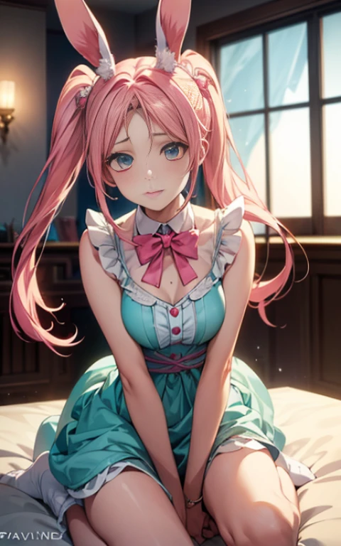 {{masterpiece}}，highest quality，Highly detailed CG Unity 8K wallpaper，one woman，movie lighting，lens flare glow, perfect style, perfect body, clear beautiful eyes, long eyelashes, Anime girl with pink hair and rabbit ears is sitting on the bed。, pink twintail hair and cyan eyes, Cute anime wife in a nice dress, splash art anime , magical girl portrait, Trending on Art Station Pixiv, Highest rating on pixiv, anime style 4k, anime moe art style,