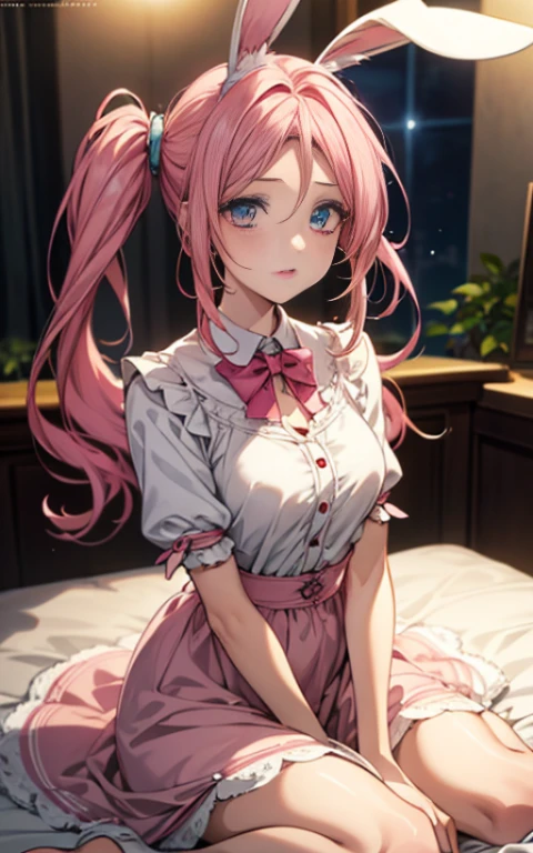 {{masterpiece}}，highest quality，Highly detailed CG Unity 8K wallpaper，one woman，movie lighting，lens flare glow, perfect style, perfect body, clear beautiful eyes, long eyelashes, Anime girl with pink hair and rabbit ears is sitting on the bed。, pink twintail hair and cyan eyes, Cute anime wife in a nice dress, splash art anime , magical girl portrait, Trending on Art Station Pixiv, Highest rating on pixiv, anime style 4k, anime moe art style,