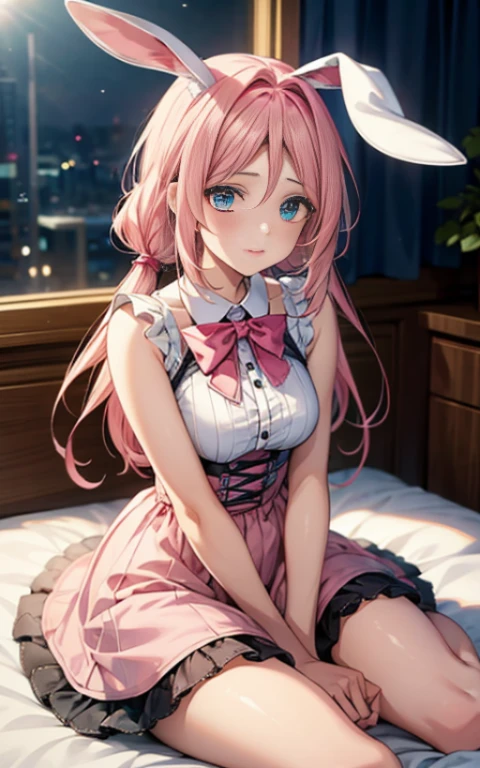 {{masterpiece}}，highest quality，Highly detailed CG Unity 8K wallpaper，one woman，movie lighting，lens flare glow, perfect style, perfect body, clear beautiful eyes, long eyelashes, Anime girl with pink hair and rabbit ears is sitting on the bed。, pink twintail hair and cyan eyes, Cute anime wife in a nice dress, splash art anime , magical girl portrait, Trending on Art Station Pixiv, Highest rating on pixiv, anime style 4k, anime moe art style,