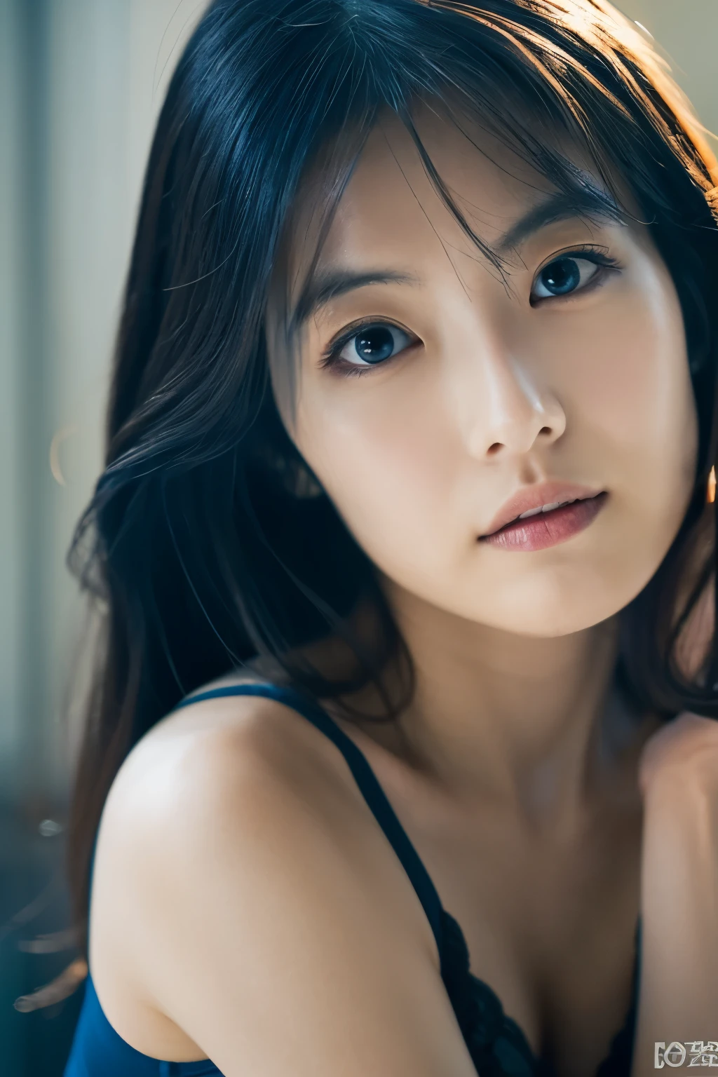 cinematic color, Skinny Japanese woman, 30 years old, cute face, detailed face, detailed eyes, (best quality, ultra-detailed), feminin lighting, messy hair, wearing dark blue lingeries, delicate features, dreamy atmosphere