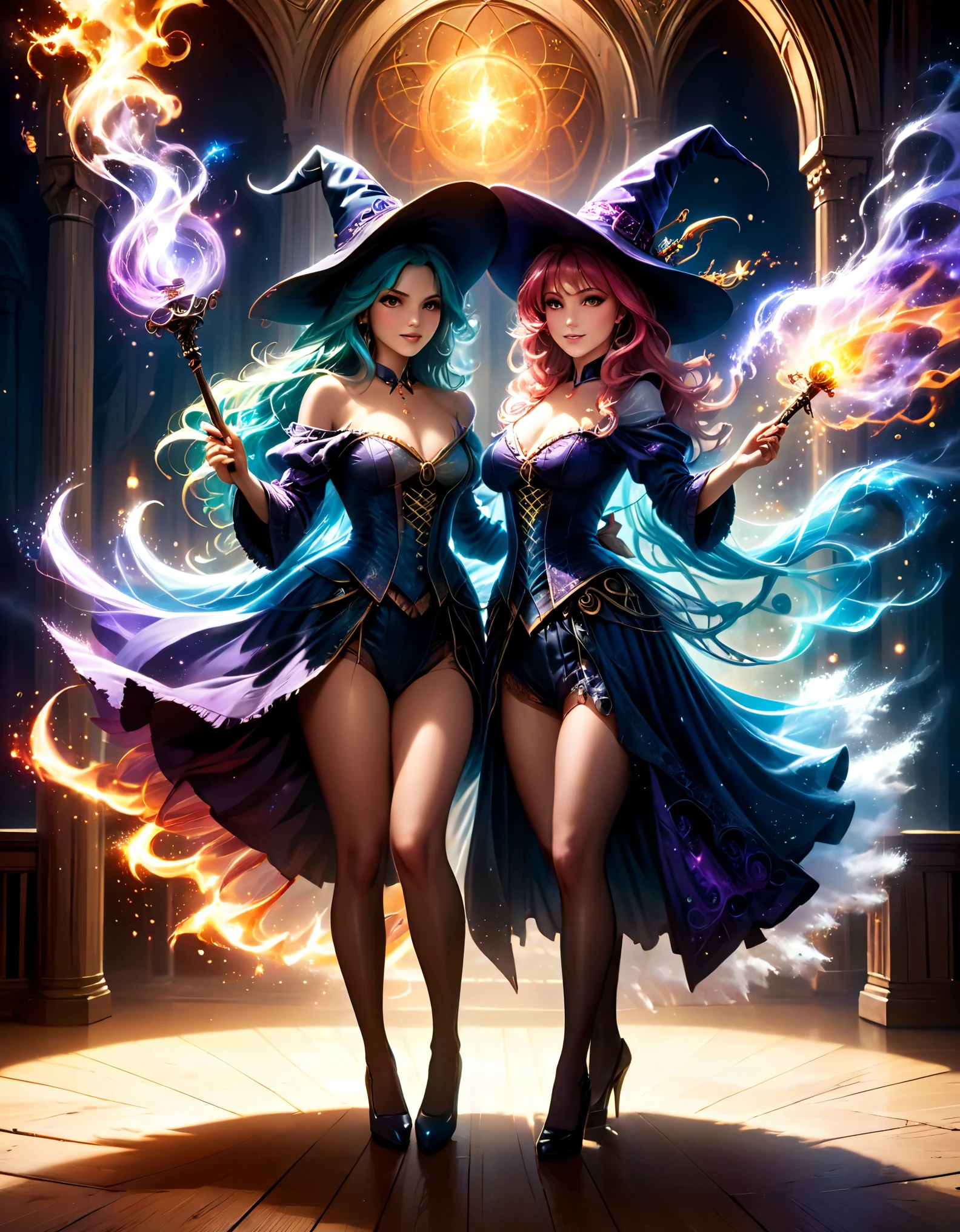 (best quality,4k,8k,highres,masterpiece:1.2),ultra-detailed,(realistic,photorealistic,photo-realistic:1.37),glamorous witches,wand dueling,grand opulent ballroom,intricate magical sigils,dark,moonlit,spellbinding atmosphere,dramatic lighting,ethereal beauty,luxurious velvet gowns,elaborate headdresses,rainbow-hued sparks,mesmerizing movements,spell-casting elegance,whispered incantations,spiraling energy,enchanted symbols,flickering candles,breathtaking spectacle,rippling arcane energy,otherworldly strength,powerful enchantments,mysterious aura,magical prowess,unleashing raw power,dynamic poses,mesmerized spectators,stupefied awe,enchanted onlookers,vivid colors,spellbound onlookers,hypnotic performance,unmatched elegance,transformative magic,enchanted wands,breathtaking duel,clashing spells,room filled with anticipation,grandeur and enchantment,spell-battling witches,mesmerizing duet,energy crackling in the air,riveted gazes,spellbinding choreography,empowered witches,thrilling display of magical artistry