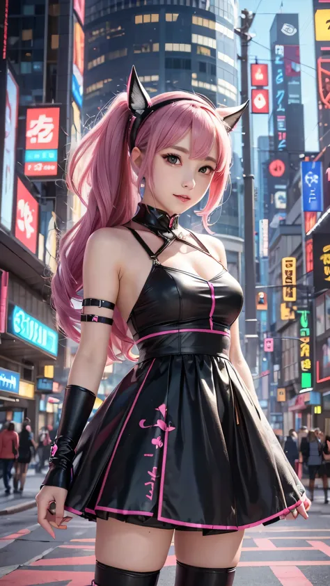 anime girl wearing a dress and headband standing in front of a building, digital cyberpunk anime art, digital cyberpunk - anime ...