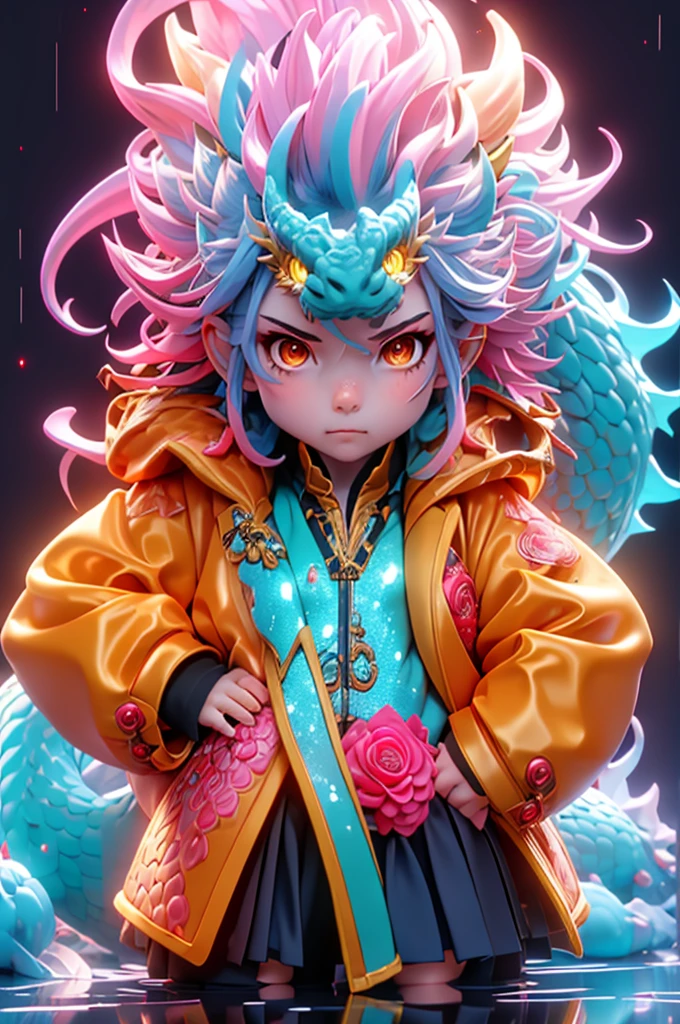 masterpiece,best quality,blue crystal sparkle dragon,kavasi style,shining eyes,(Change：1.2),(small:1.2),pink hair,yellow eyes, (red jacket),high ponytail,white collar shirt,hair flower,toss hair,flowing hair,frown,hands in pockets,black skirt,red bow tie,(alone),faucet