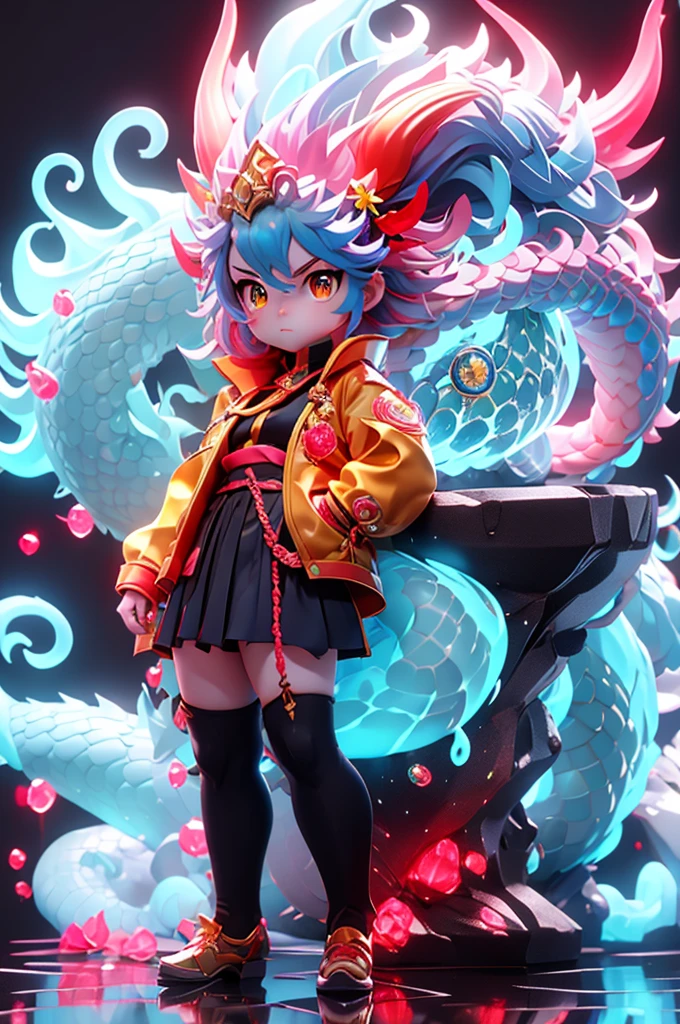 masterpiece,best quality,blue crystal sparkle dragon,kavasi style,shining eyes,(Change：1.2),(small:1.2),pink hair,yellow eyes, (red jacket),high ponytail,white collar shirt,hair flower,toss hair,flowing hair,frown,hands in pockets,black skirt,red bow tie,(alone),faucet