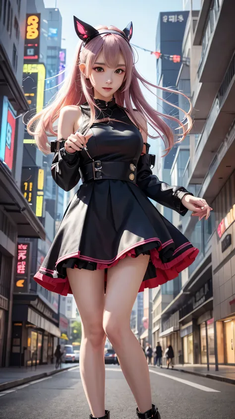 anime girl wearing a dress and headband standing in front of a building, digital cyberpunk anime art, digital cyberpunk - anime ...