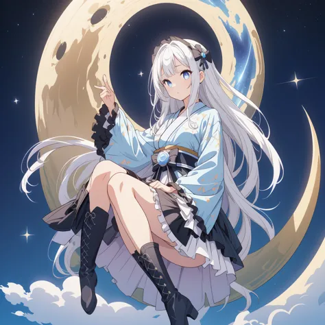 star fairy、(masterpiece, best quality), 1girl, sitting on the crescent moon、「a beautifully printed galaxy patterned kimono and g...