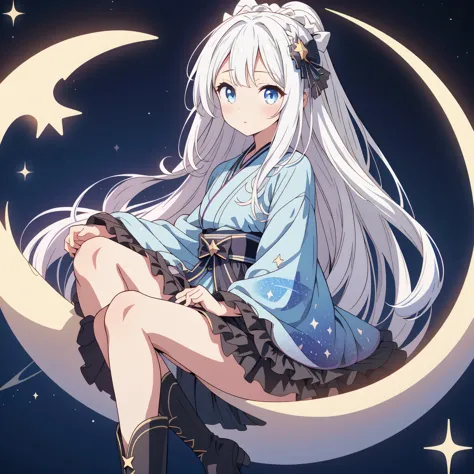 star fairy、(masterpiece, best quality), 1girl, sitting on the crescent moon、「a beautifully printed galaxy patterned kimono and g...