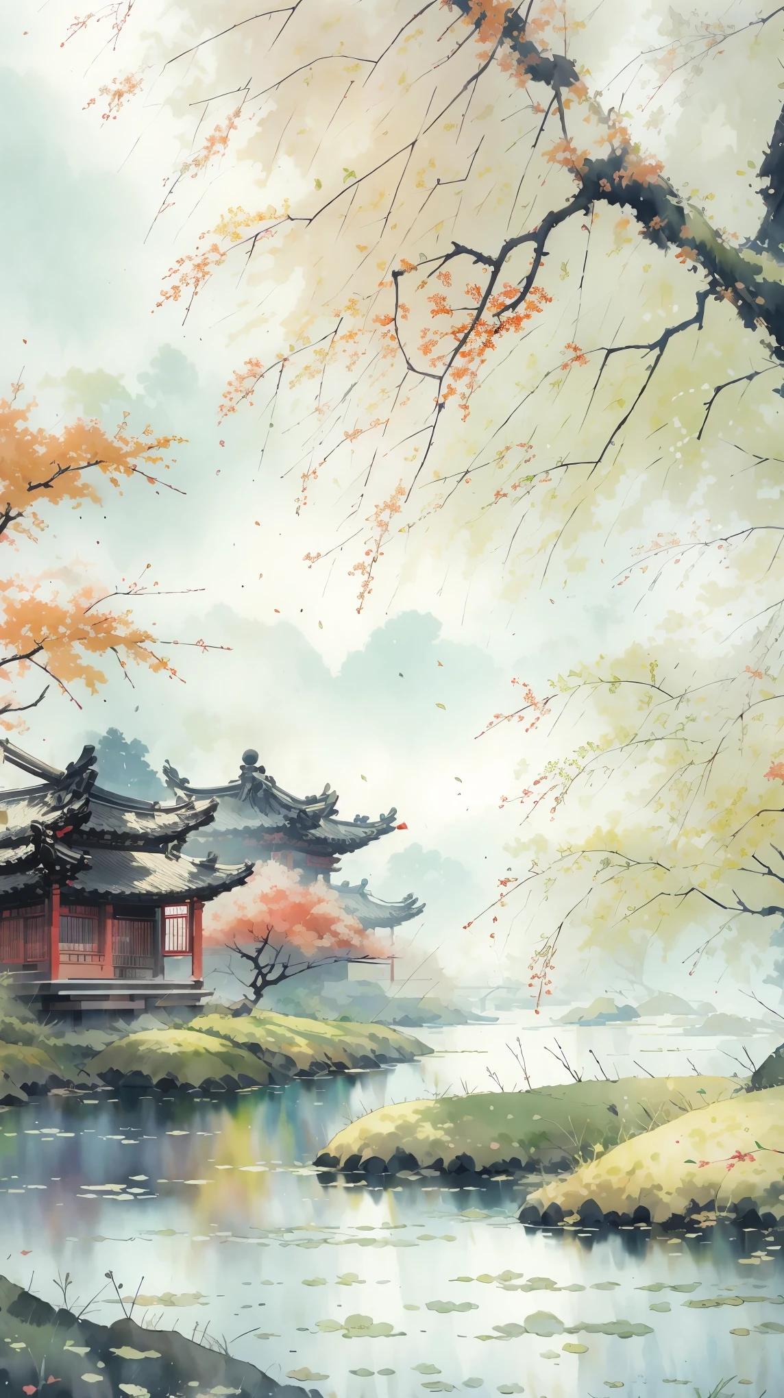 ancient style illustration chinese watercolor landscape painting watercolor river maple leaves autumn chinese landscape bare tree branches day flowers and leaves no humans outdoors overgrown plants landscape tree maple water, masterpiece, recent quality, best details, beauty