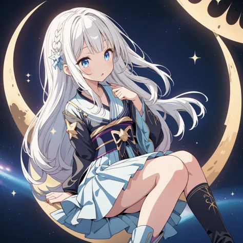 star fairy、(masterpiece, best quality), 1girl, sitting on the crescent moon、「a beautifully printed galaxy patterned kimono and g...