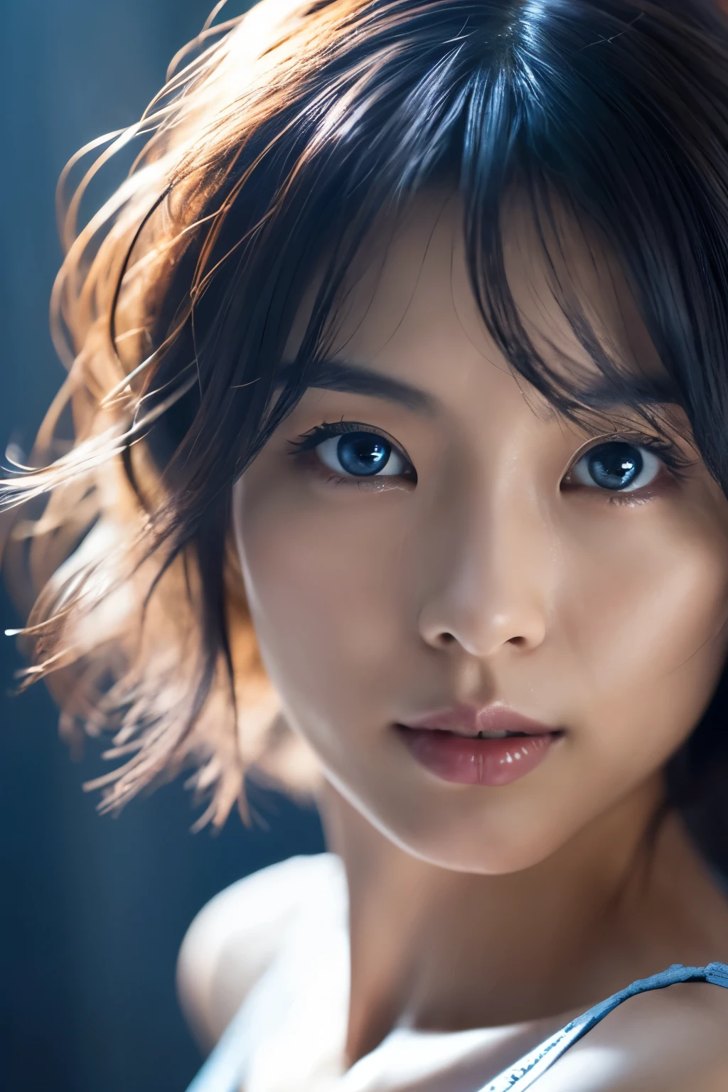 cinematic color, Skinny Japanese woman, 30 years old, cute face, detailed face, detailed eyes, (best quality, ultra-detailed), feminin lighting, messy hair, wearing dark blue lingeries, delicate features, dreamy atmosphere