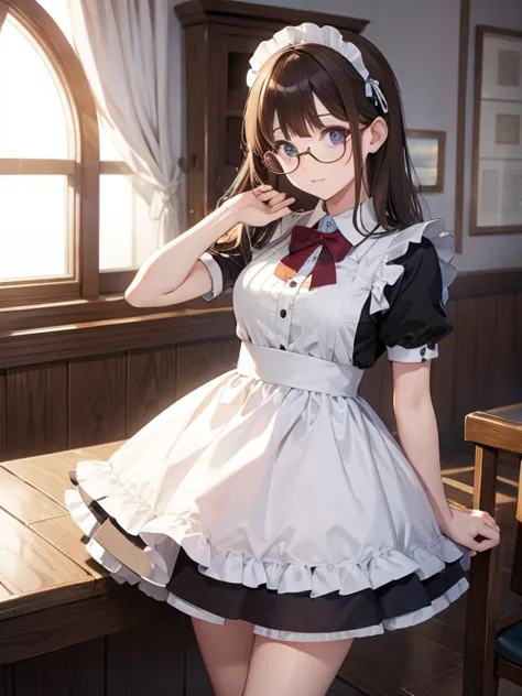 girl　maid clothes　glasses　brown hair　medium long hair