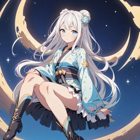 star fairy、(masterpiece, best quality), 1girl, sitting on the crescent moon、「a beautifully printed galaxy patterned kimono and g...