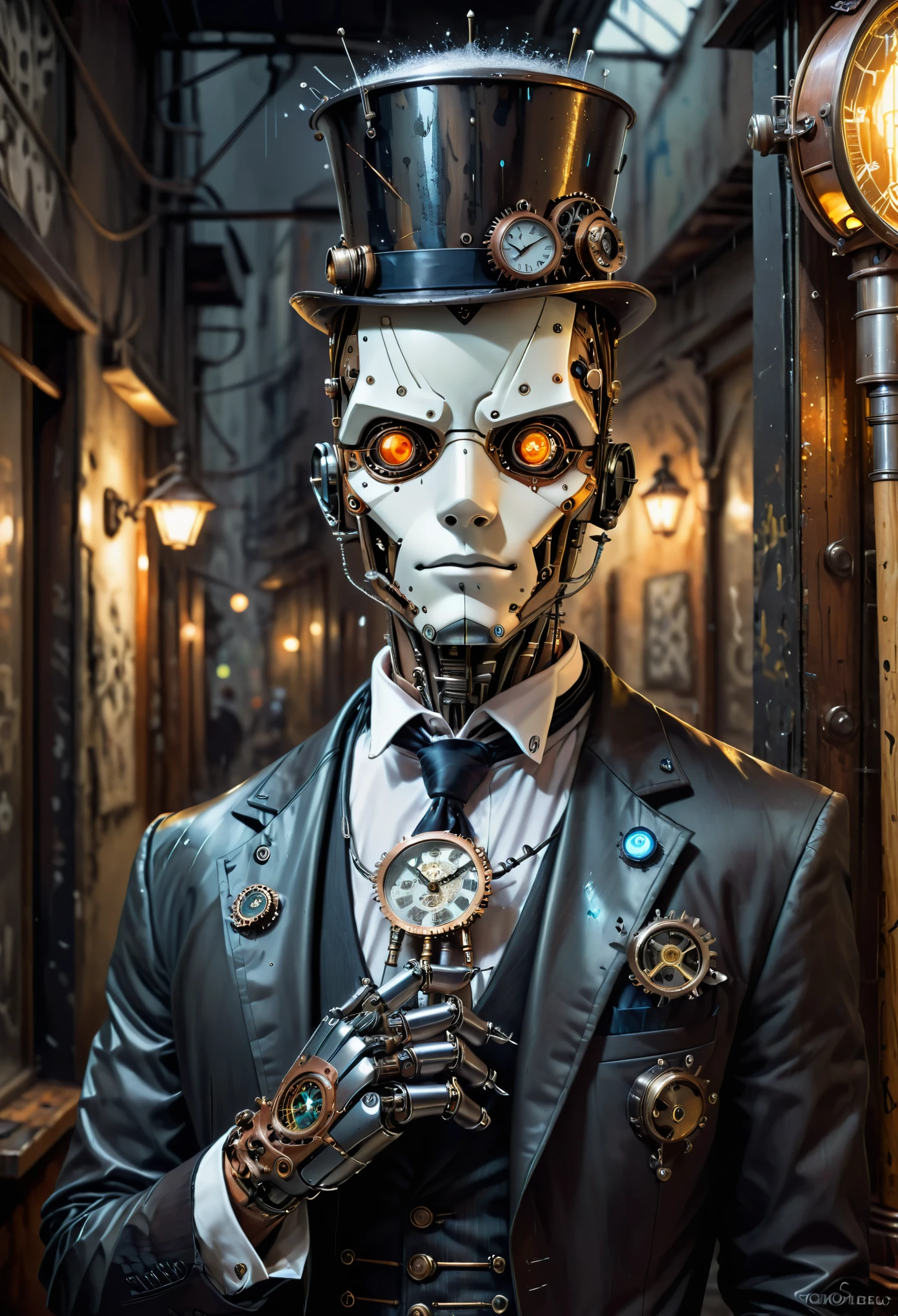 Robot-Butler con perfil de ingeniería mecánica.., corbata steampunk, detalle sombra suave, boring Atmósfera mechanical face, bastón decorativo mecánico sosteniendo una mano, desde abajo vista, en intrincados y locos detalles mecánicos, en intrincados detalles de la ropa de mayordomo, accesorio de iluminación de bajo perfil, genial belleza mecánica, tiro de cuerpo completo, de un lado, Ropa linda del mayordomo cibernético., Beauty like the Atmósfera of a sharp blade., sombra extremadamente fina, telón de fondo de graffiti llovizna, reloj de tiempo eterno, Se siente como el viento del tiempo de la eternidad.,  Atmósfera, iluminación blanca tenue, inspiración del graffiti del arte callejero, tristeza brillar a través de los ojos expresión, Expresión galante, brillo tenue más oscuro, ilustración de pintura al óleo de núcleo más oscuro con detalle, Detalle muy claro, textura extremadamente clara, pincelada intrincada, Alta calidad, alta resolución, calidad superior,