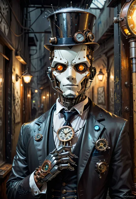 Robot-Butler with mechanical engineering profile., corbata steampunk, detalle sombra suave, boring atmosphere mechanical face, m...