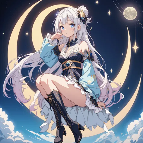 star fairy、(masterpiece, best quality), 1girl, sitting on the crescent moon、「a beautifully printed galaxy patterned kimono and g...