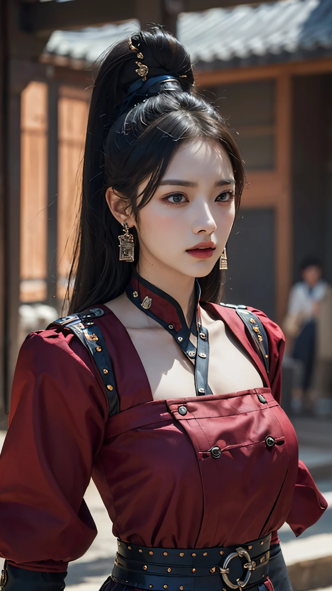 (masterpiece, top quality, 8k, best quality, official art, beautiful and aesthetic:1.2), woman in her 20s, brilliant colors, 1700s Joseon background, safe, Fierce Eyes, martial arts, (big bust:1.4), I&#39;m wearing a full lip,female general, safe