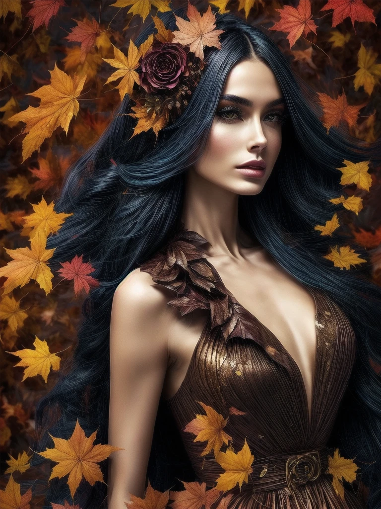 describe to me a realistic image by painter Galileo Chini, a graceful woman embodies the fall season with striking elegance. She is dressed in a dress in rich autumnal colors, mixing warm shades of rust, gold and burgundy. Chini's signature stylized floral patterns and arabesques adorn her outfit, evoking nature in its flamboyant autumn. The woman's deep black hair is styled to resemble falling leaves. Ribbons in autumnal colors mingle with her hair, creat The Marie Morgane embody a symbiosis with the aquatic element, merging the beauty of coastal waters with their own magical grace.